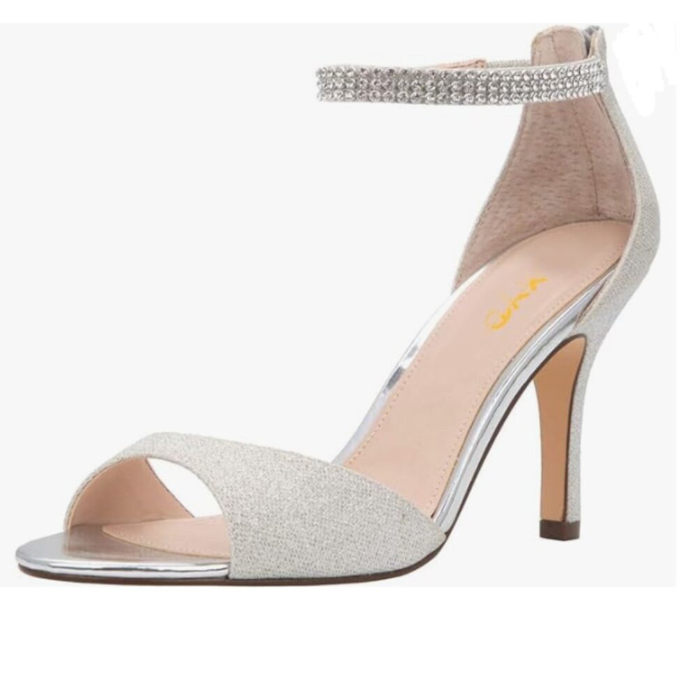 XYD Silver Glitter Open Toe Rhinestones Ankle Strap High Heel Back Zip Sandals